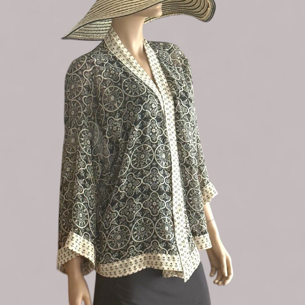 Coldwater Creek Size XL Kimono Black Cream Cardigan Geometric Floral Sheer Cape